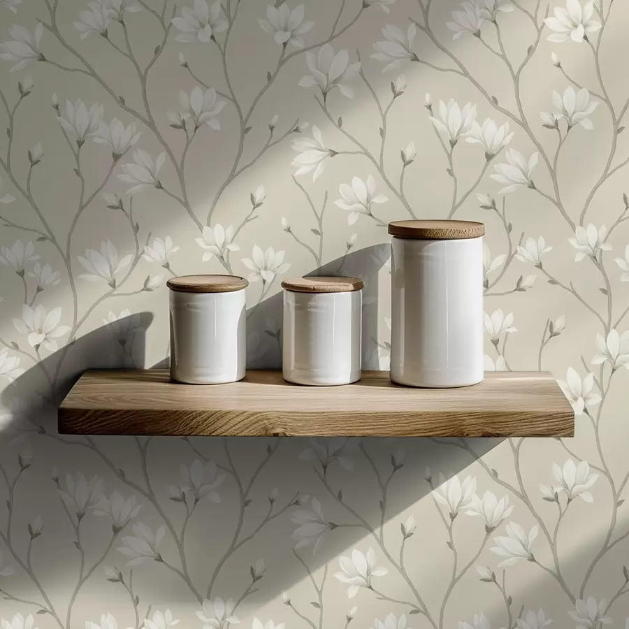 Fotobehang Lichte magnolia's op slanke beige takken a00890