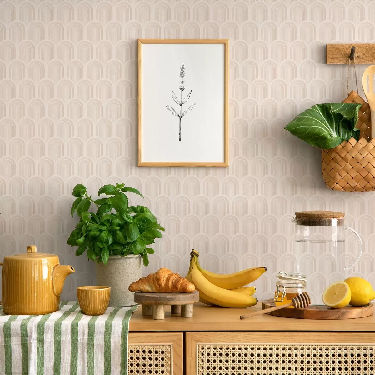 Behang Rij boogvormen in zachte beige strepen, retro sfeer a00923