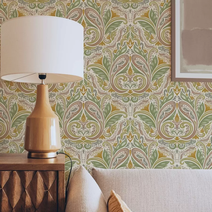 Fotobehang Sierlijke bladerenkrullen in groene en terracottatinten a00927v1