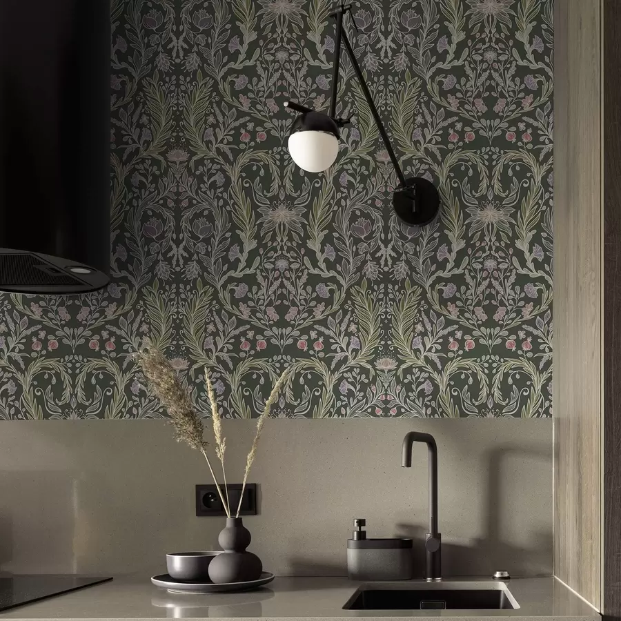 Fotobehang Symmetrisch bloemenornament op een donkergroene achtergrond a00928