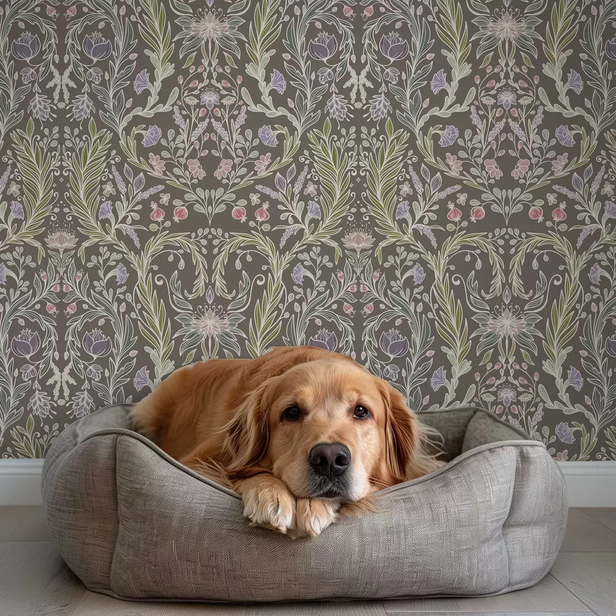 Behang Symmetrische bloemen en bladeren op een bruingrijze achtergrond a00928v2