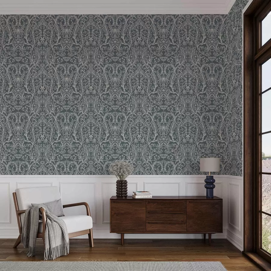 Fotobehang Lineair bloemenornament op een blauwgrijze achtergrond a00929v1