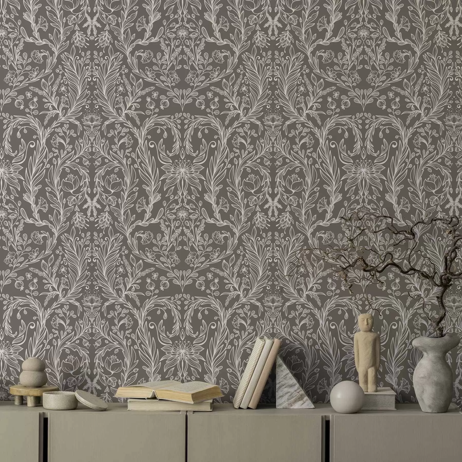 Fotobehang Monochroom botanisch patroon op warm bruin a00929v2