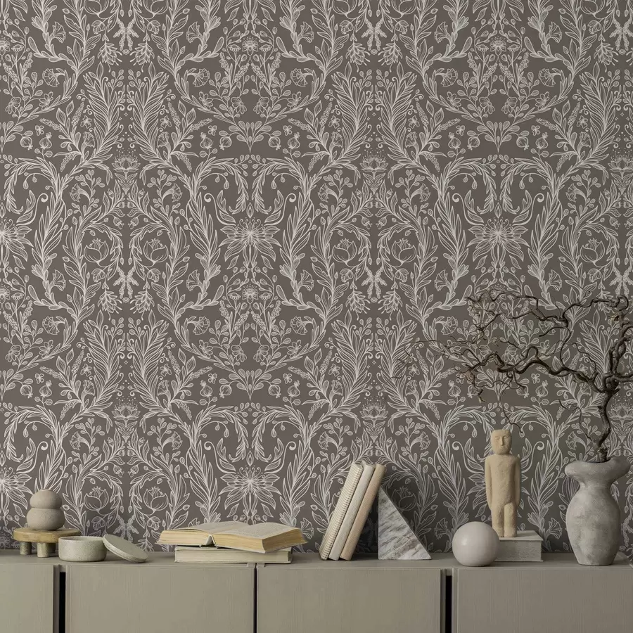 Fotobehang Monochroom botanisch patroon op warm bruin a00929v2