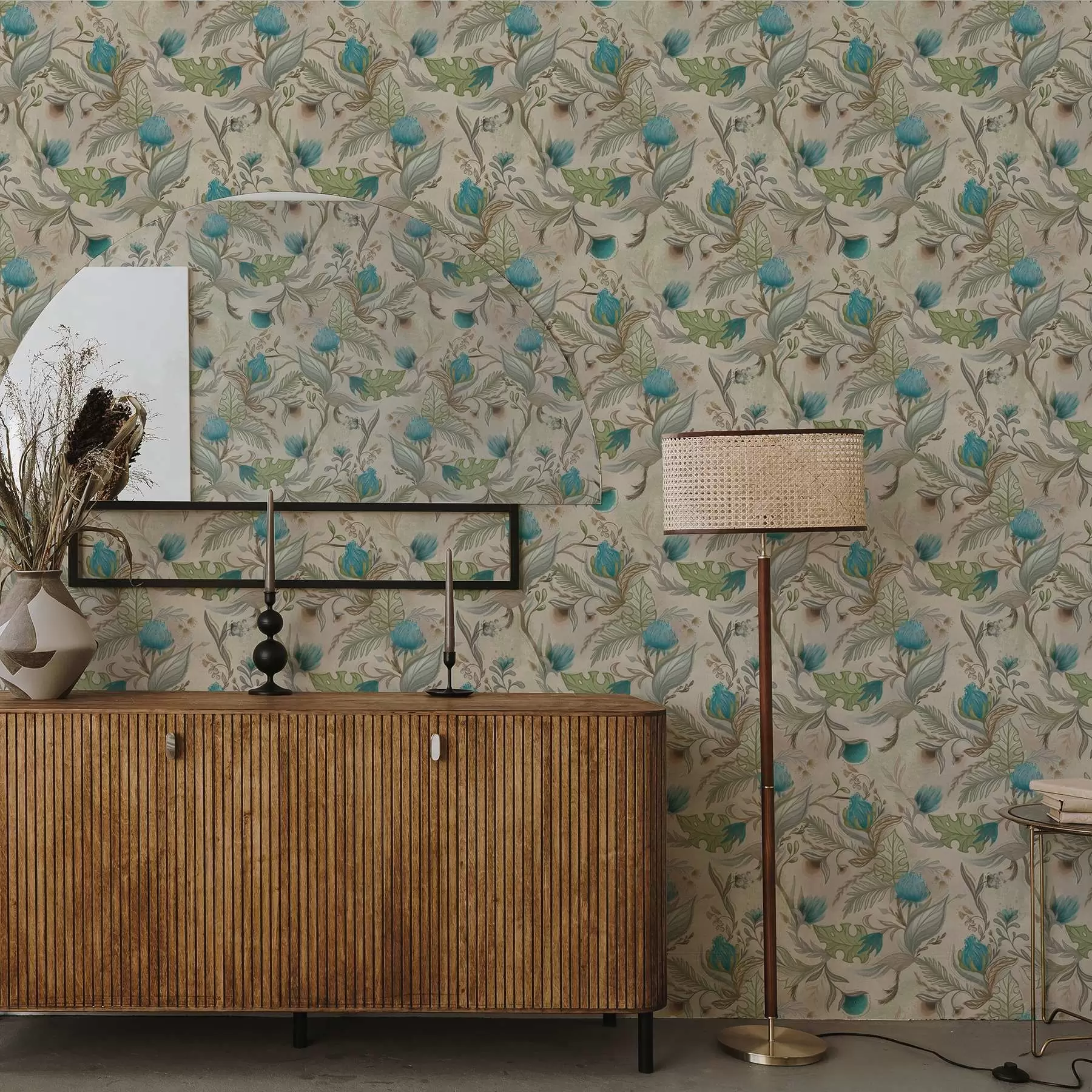 Fotobehang Blauwe knoppen en bladeren op een lichtbeige achtergrond a00930