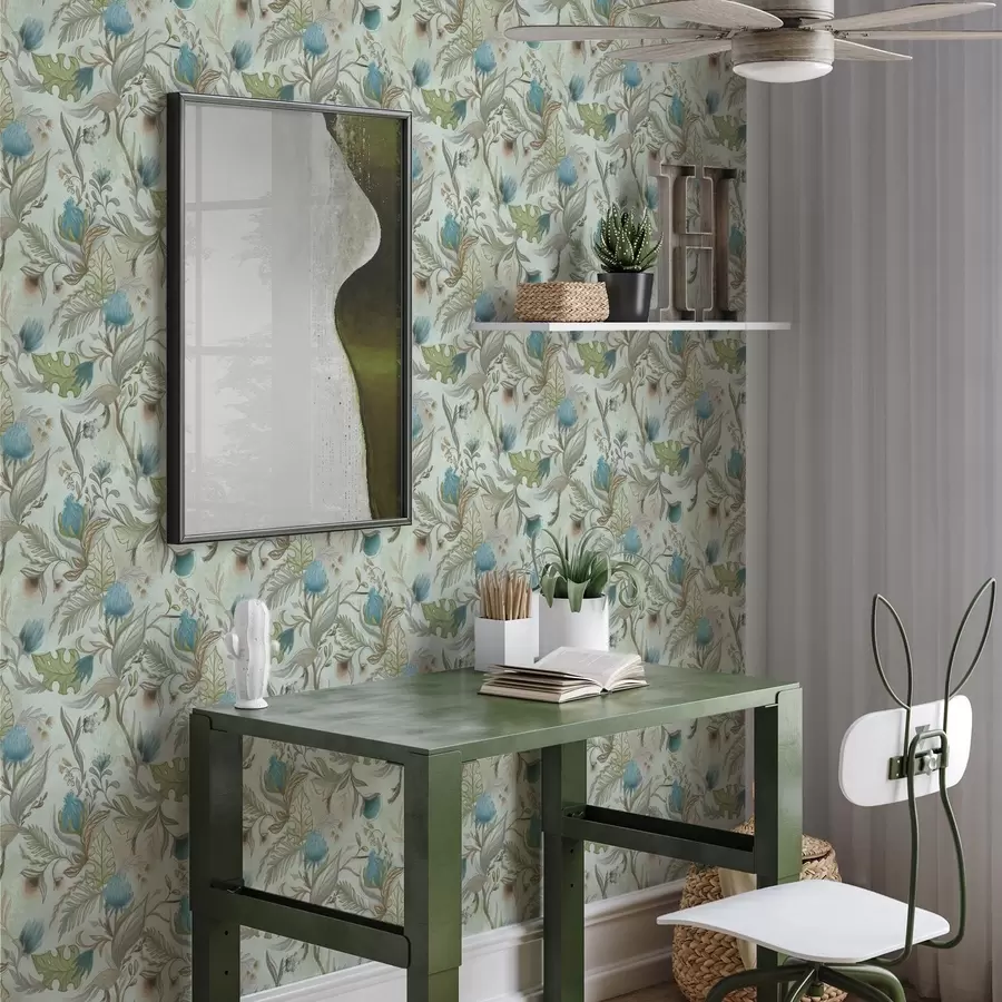 Fotobehang Blauwe bloemen en groen op een zachte mintkleurige achtergrond a00930v1