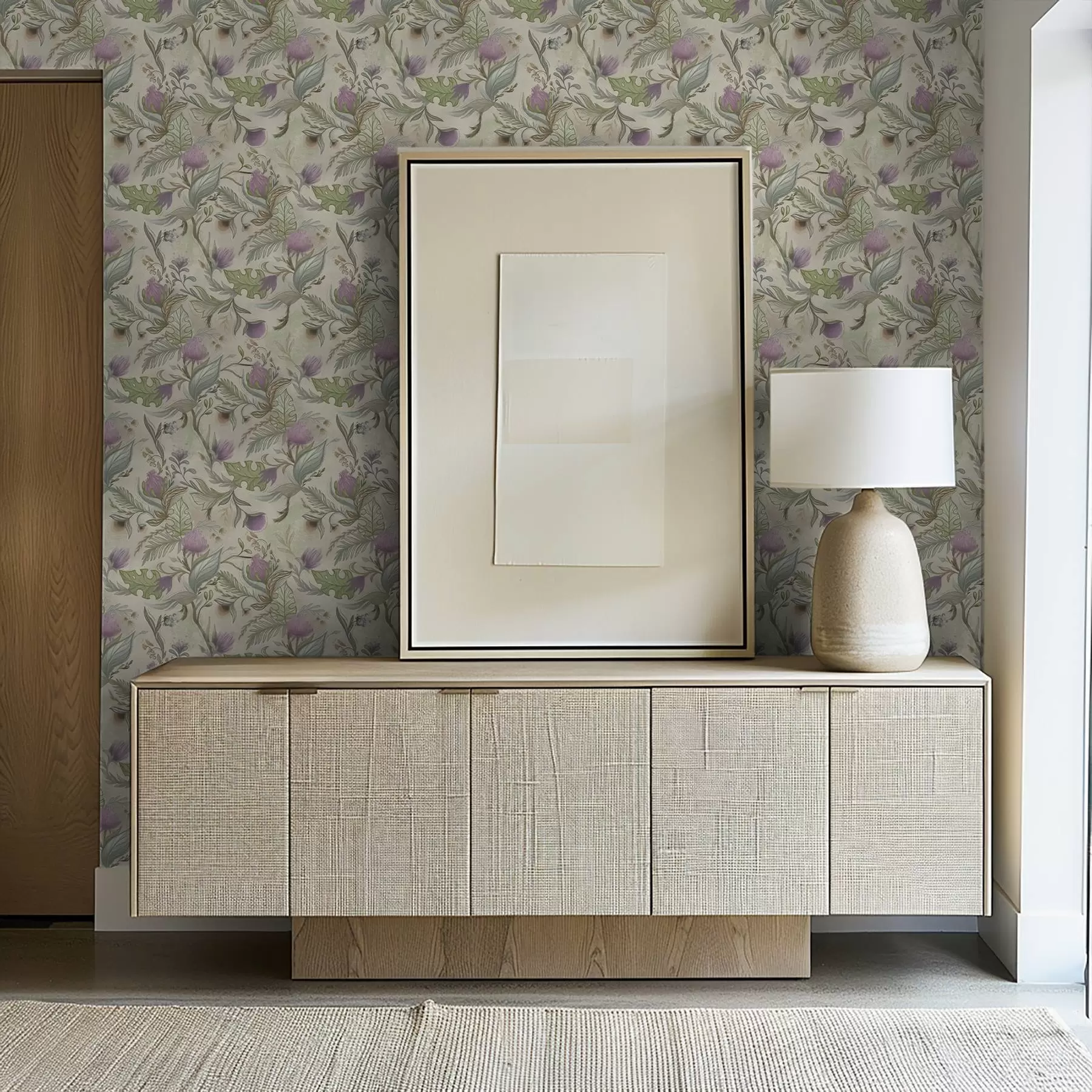 Fotobehang Lila knoppen en zachtgroen op een crèmekleurige achtergrond a00930v2