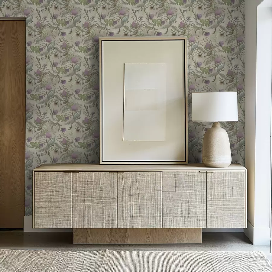 Fotobehang Lila knoppen en zachtgroen op een crèmekleurige achtergrond a00930v2