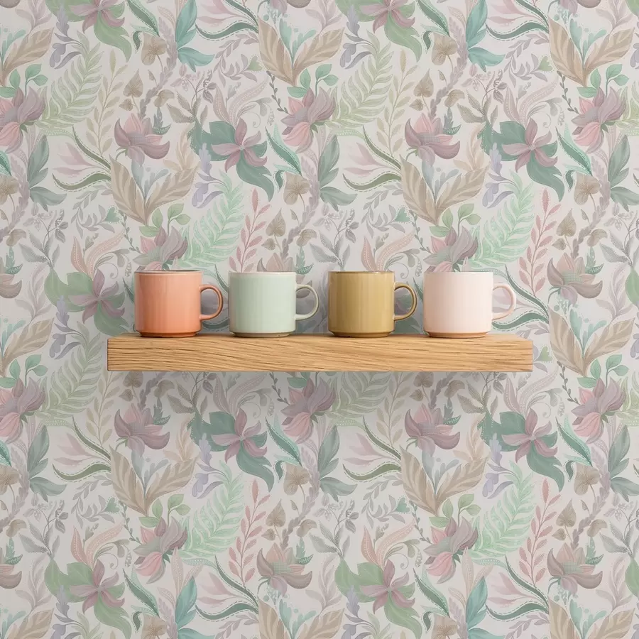 Fotobehang Delicate pastelkleurige bloemen en bladeren op een lichte achtergrond a00931