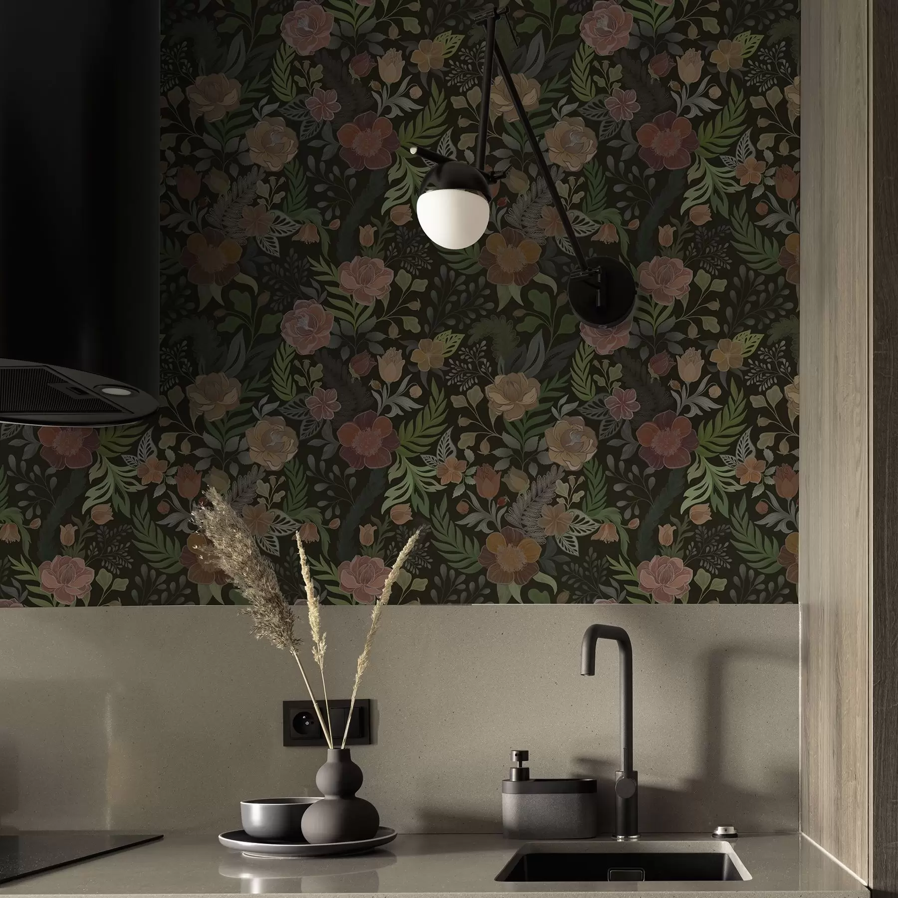 Fotobehang Weelderige bloemen en groen op een diepe, donkere achtergrond a00932