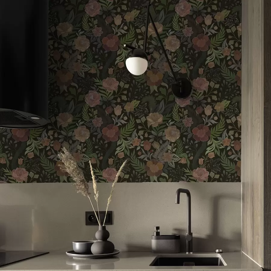 Fotobehang Weelderige bloemen en groen op een diepe, donkere achtergrond a00932