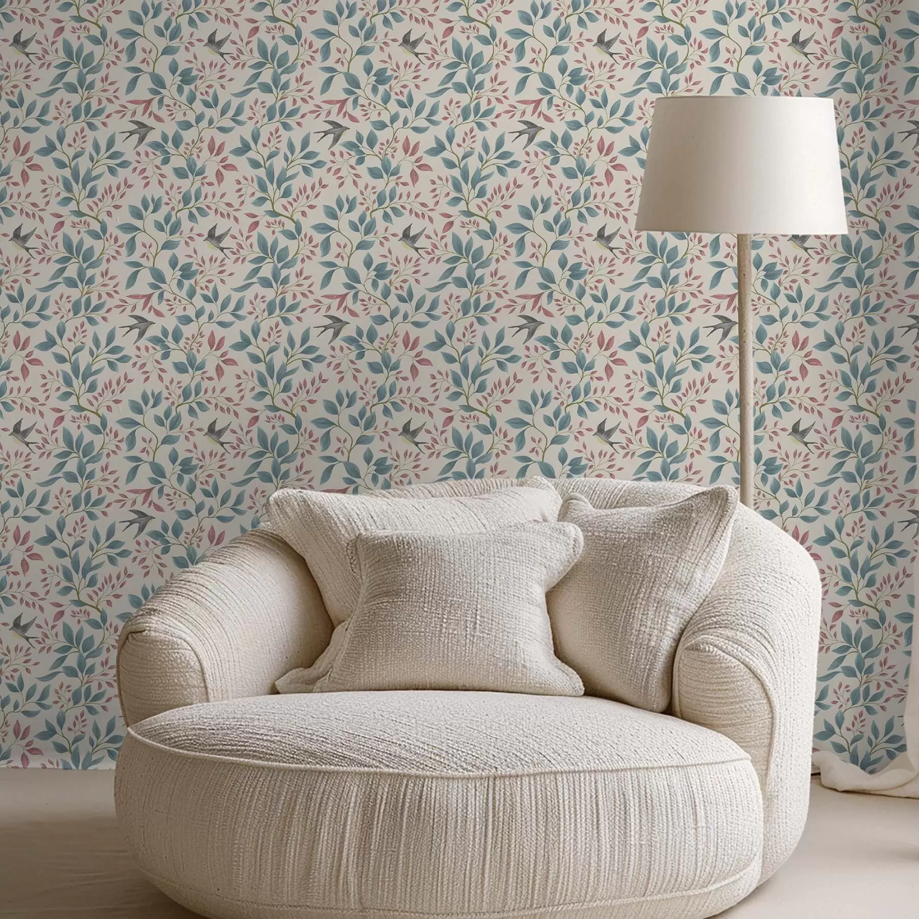 Fotobehang Blauwe en roze takken met vogels op een crèmekleurige achtergrond a00933