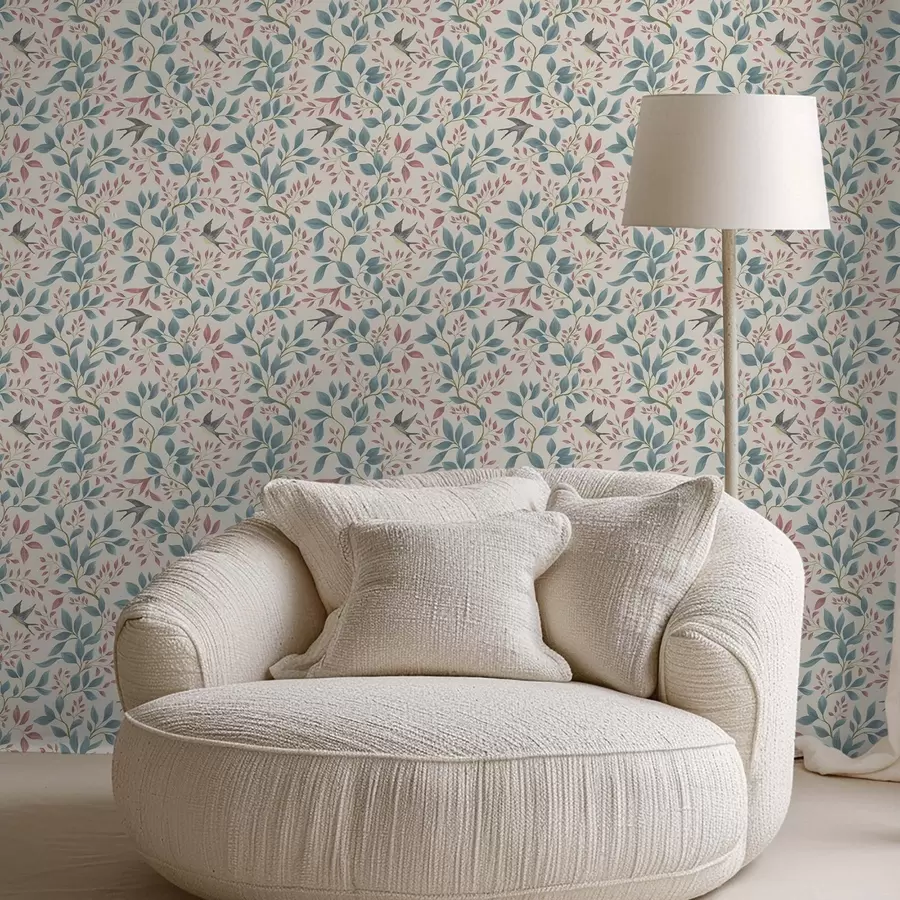 Fotobehang Blauwe en roze takken met vogels op een crèmekleurige achtergrond a00933