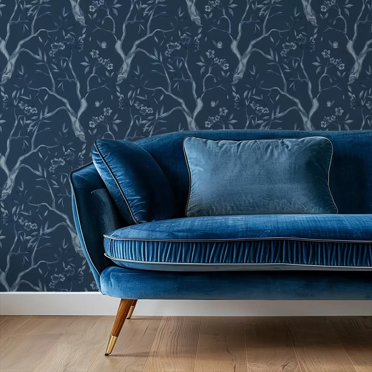 Behang Blauwe bloeiende takken met vlinders op een donkere achtergrond a00951v1