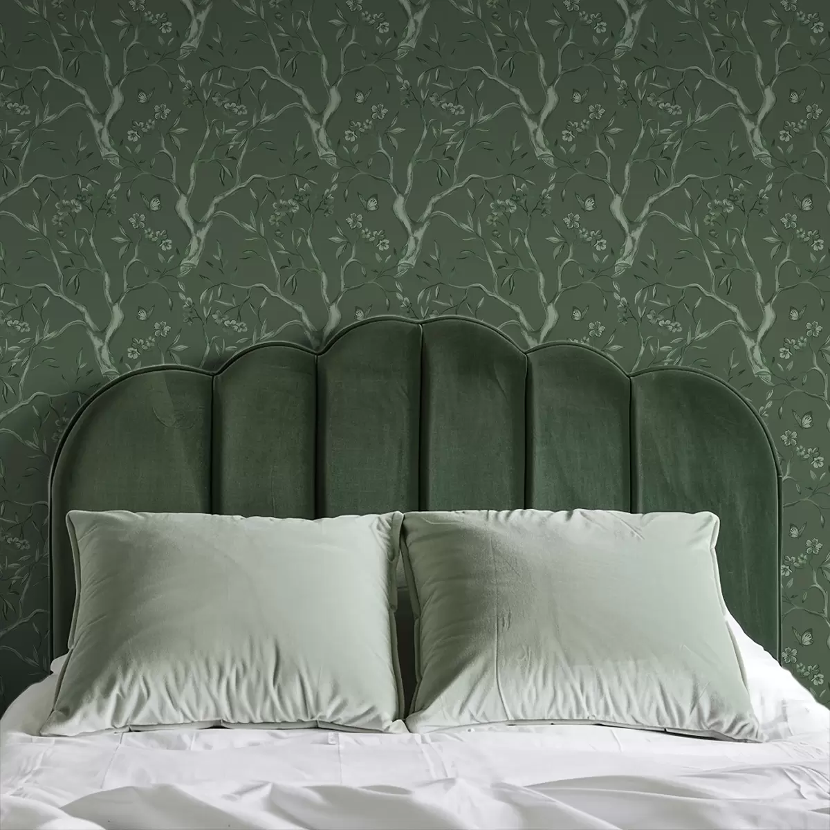 Behang Groene bloeiende takken met vlinders op een donkere achtergrond a00951v3