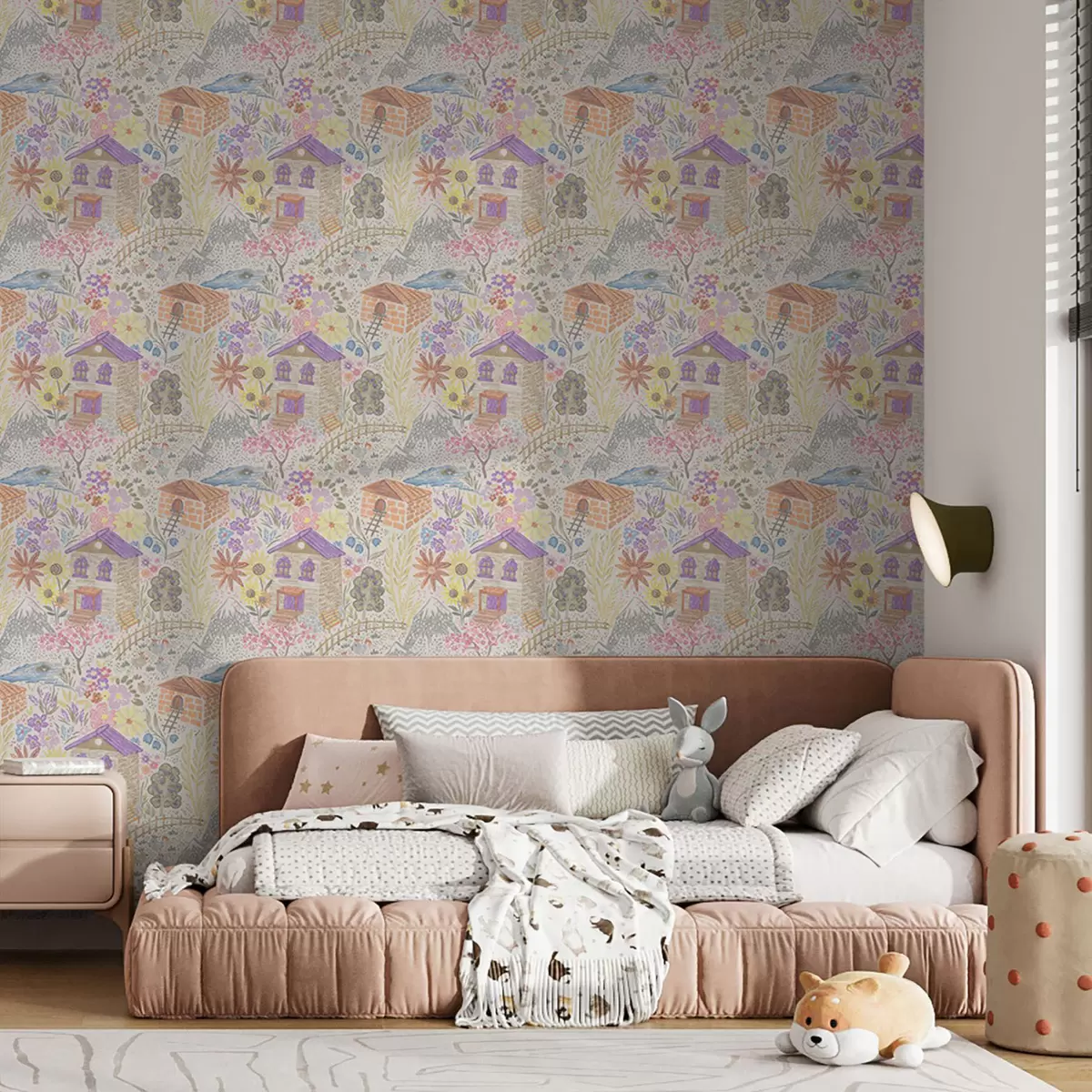 Behang Kinderlijke dorpsafbeelding met een huis, bergen en bloemen a00952