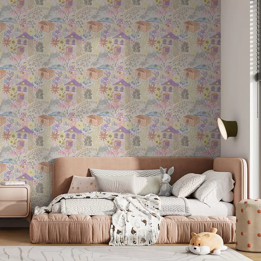 Fotobehang Kinderlijke dorpsafbeelding met een huis, bergen en bloemen a00952