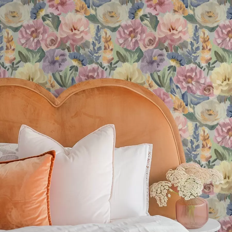 Fotobehang Pastelkleurige bloemen met vage contouren, zacht kleurenpalet a00954