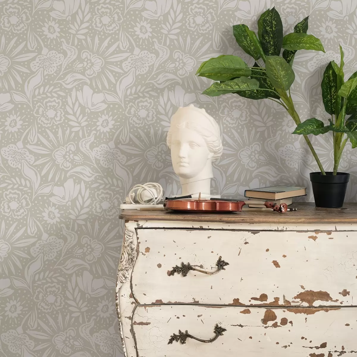 Behang Wit lineair bloemenornament op een beige achtergrond a00956