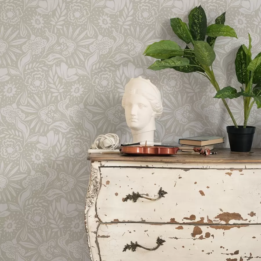 Fotobehang Wit lineair bloemenornament op een beige achtergrond a00956