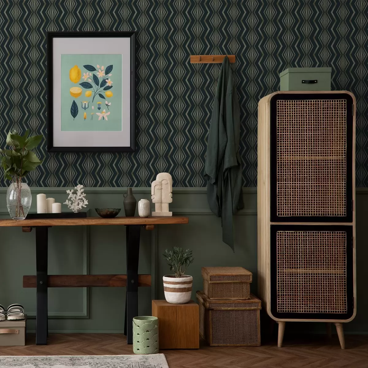 Behang Donkerblauwgroen geometrisch patroon met ruitjes a00973v1