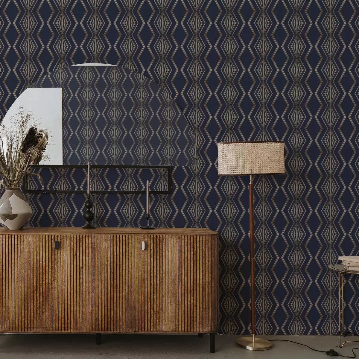 Behang Donkerblauwe achtergrond met geometrische ruiten en zigzaglijnen a00974v2