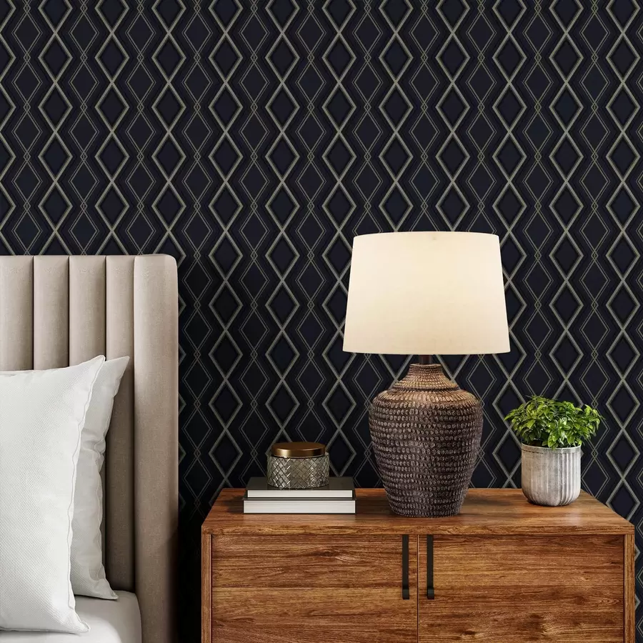 Fotobehang Donkerblauw ruitpatroon met dunne lichte lijnen a00975