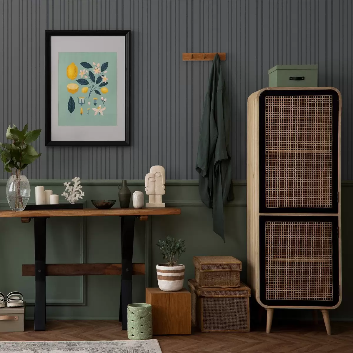 Behang Donkergrijze achtergrond met verticale gestructureerde strepen a00979v1