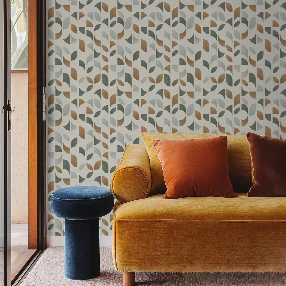 Behang Verticale kolommen van halve cirkels en bladeren, groen-terracotta a00986