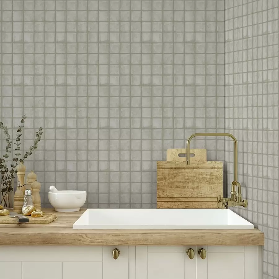 Fotobehang Imitatie van vierkante tegels in een zacht grijsgroen kleurenpalet a00988