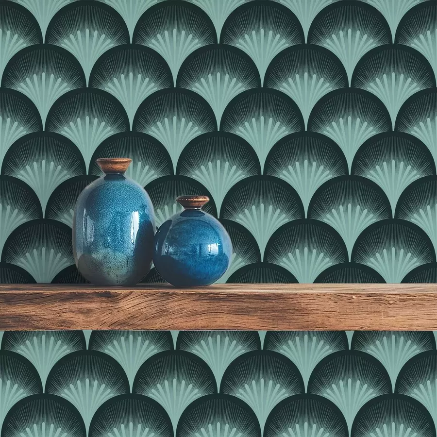 Fotobehang Contrasterende muntkleurige waaiers op een bijna zwarte achtergrond a00990