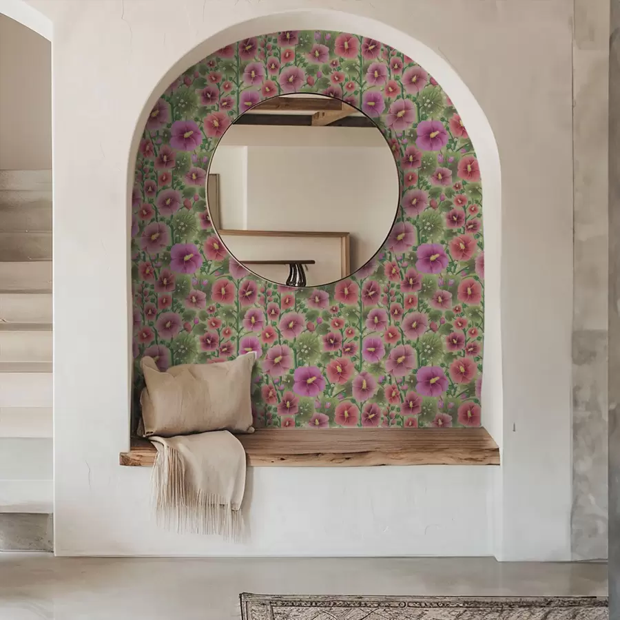 Fotobehang Grote hibiscusbloemen en bladeren op een donkergroene achtergrond a00993