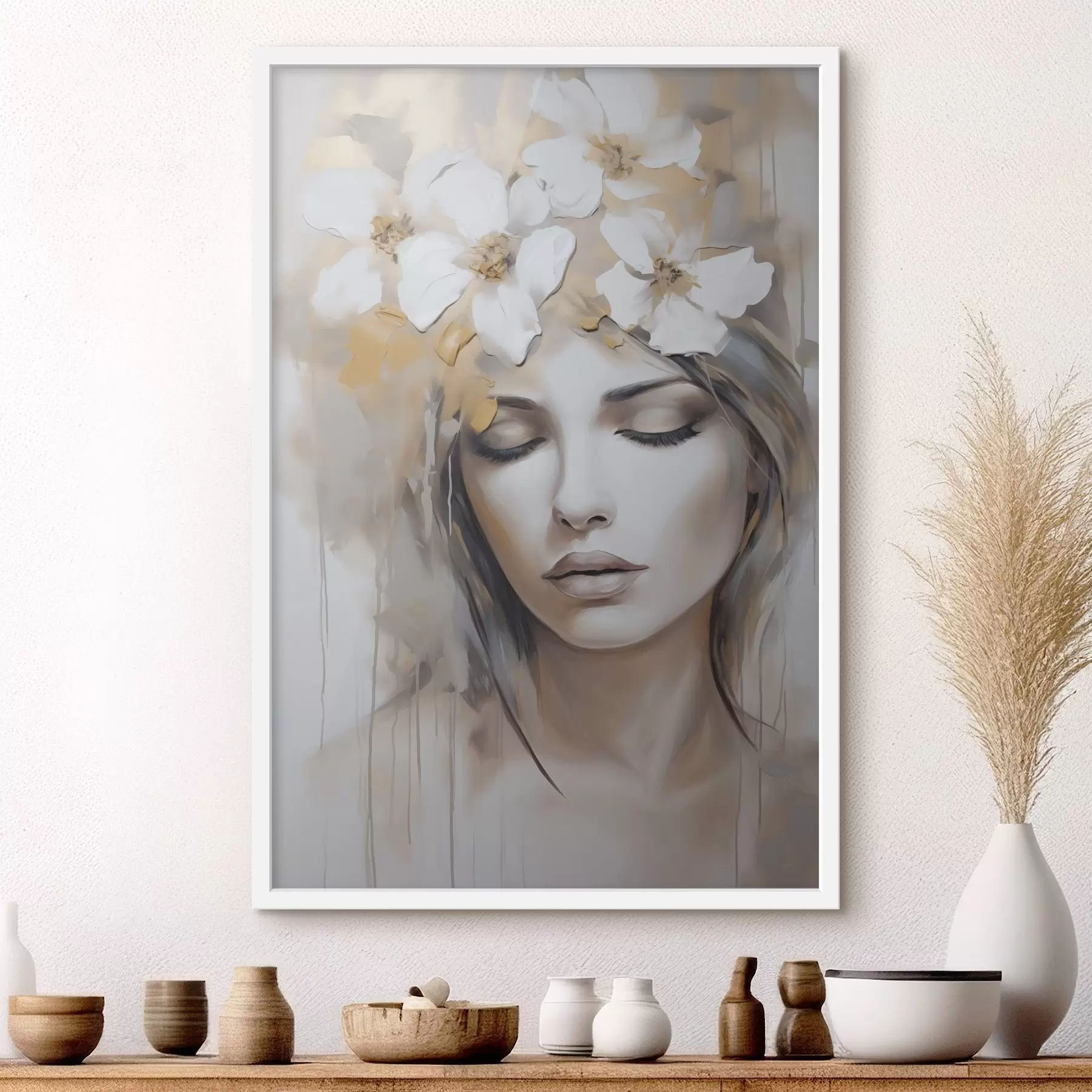 Fotobehang Abstract portret van een meisje met bloemen, imitatie van een schilderij f46756