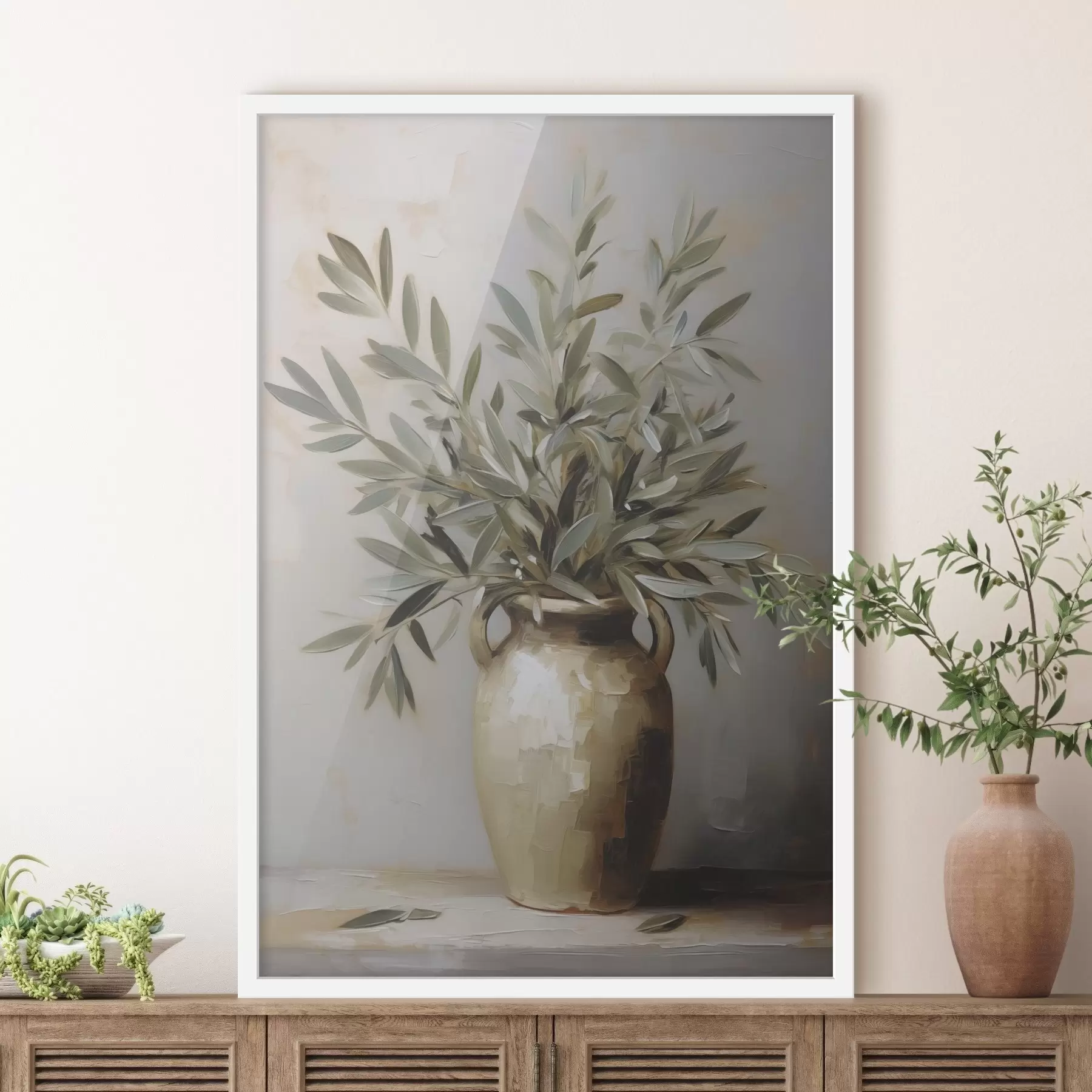 Fotobehang Olijftakken in een vaas imitatie schilderij f46758