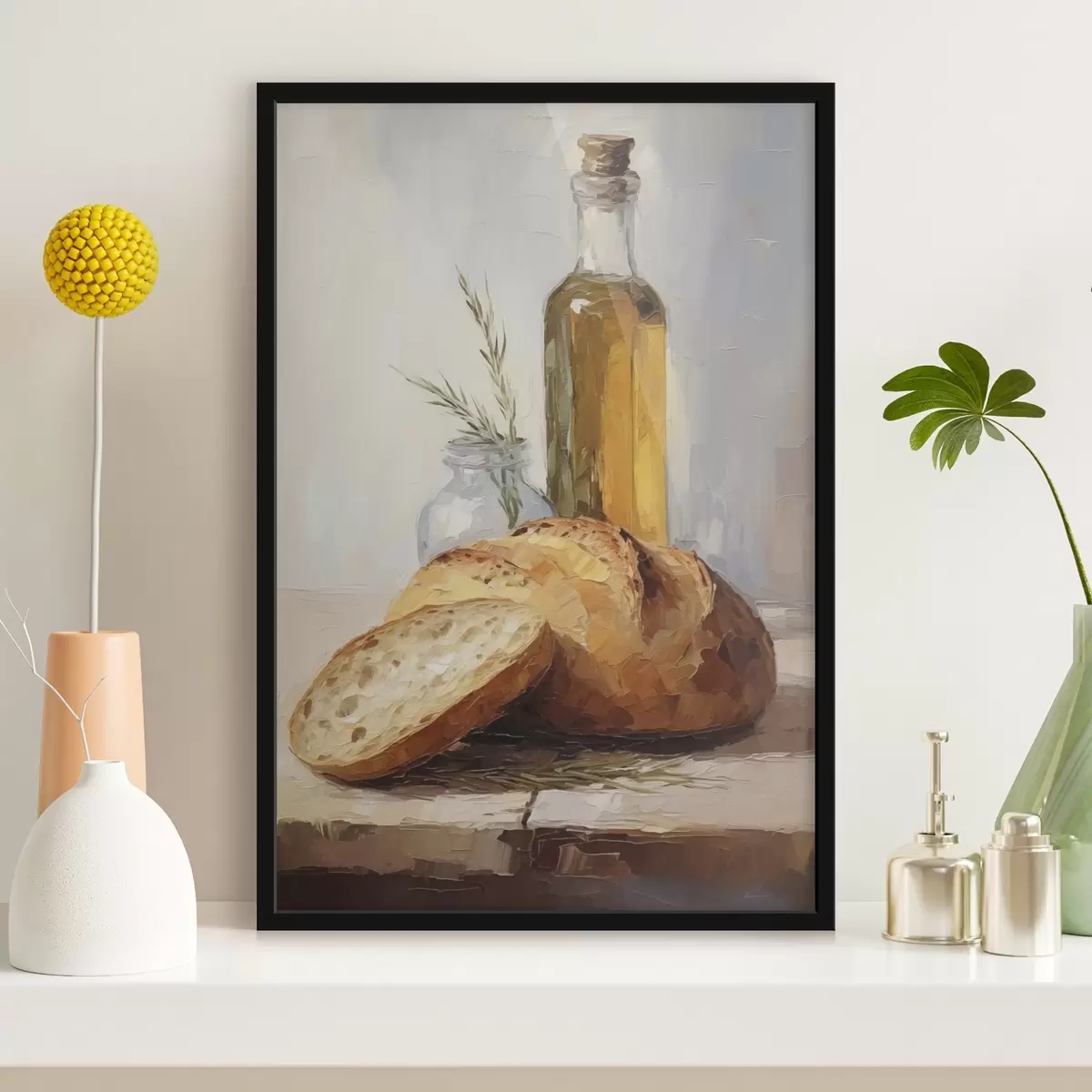 Poster Brood en een fles olie, imitatie schilderij f46759