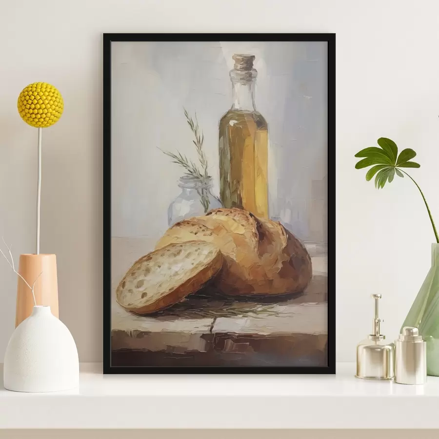 Fotobehang Brood en een fles olie, imitatie schilderij f46759