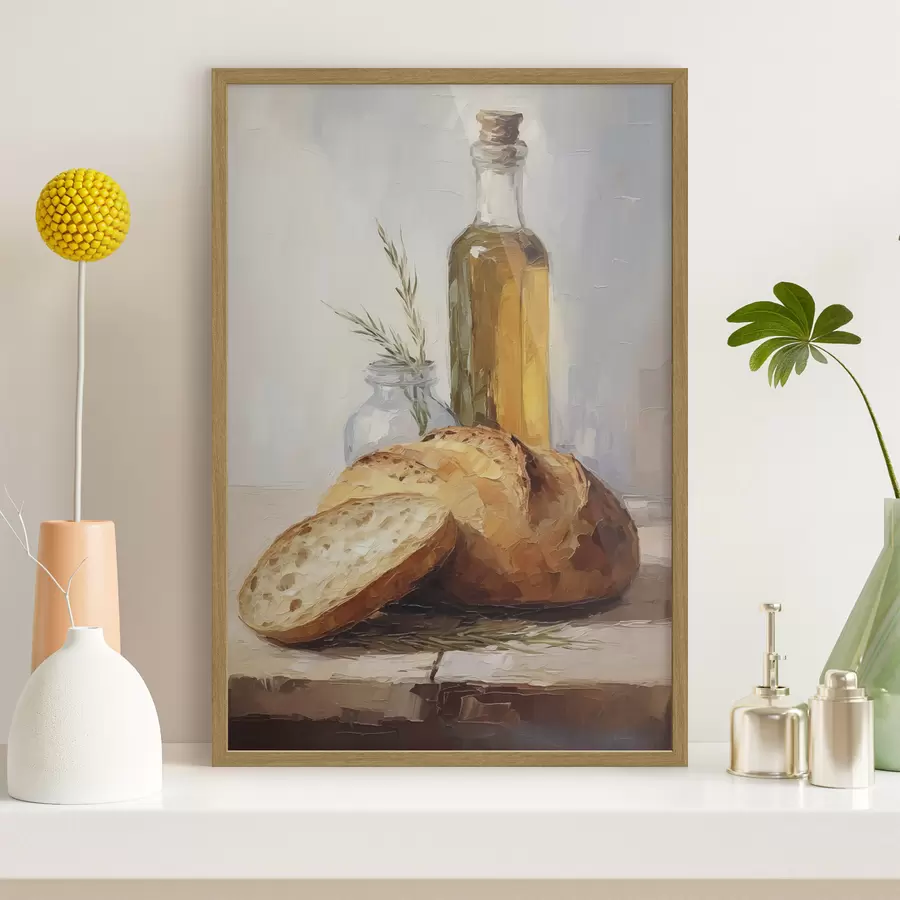 Fotobehang Brood en een fles olie, imitatie schilderij f46759