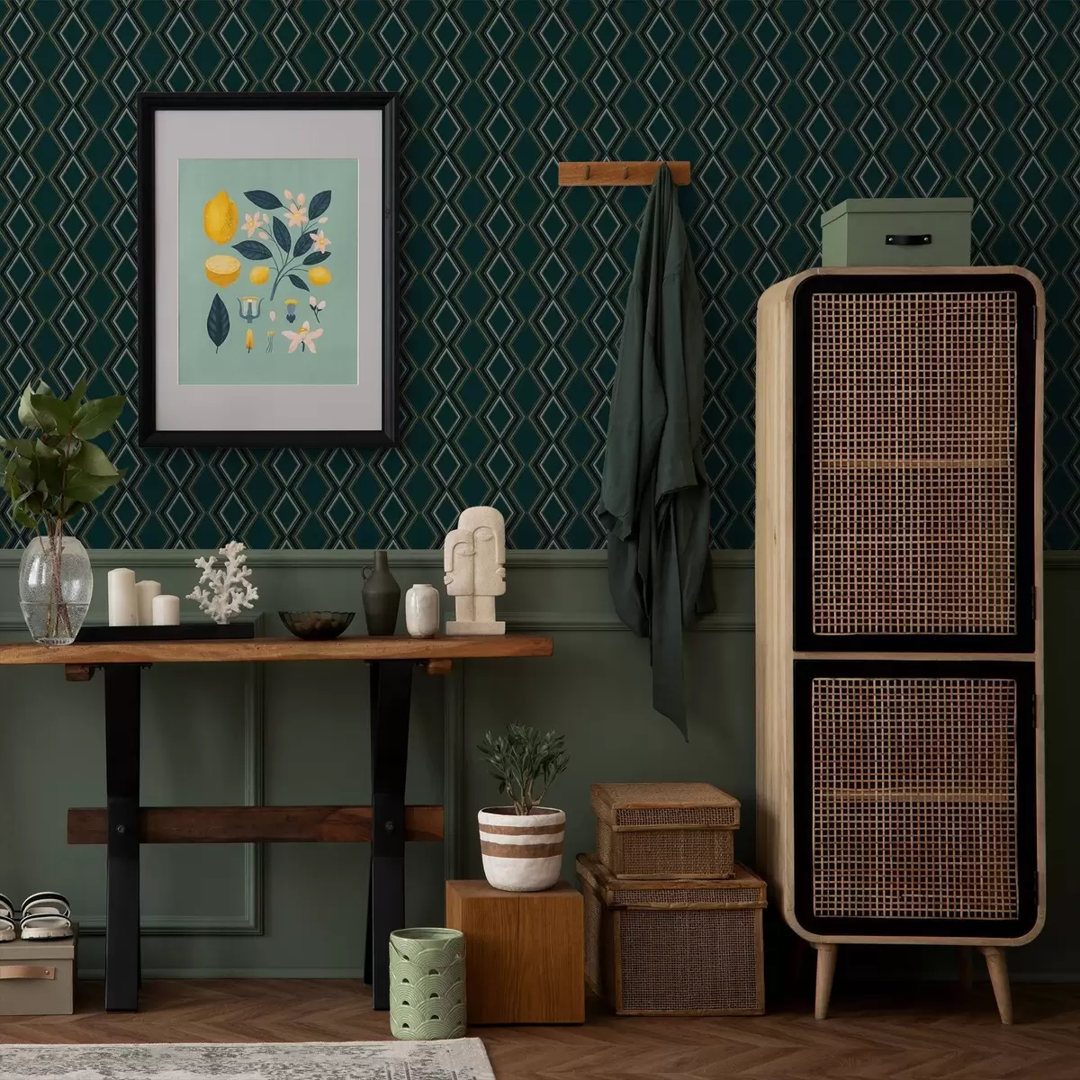 Behang Donkergroenblauwe achtergrond met verticale rijen ruiten a00976