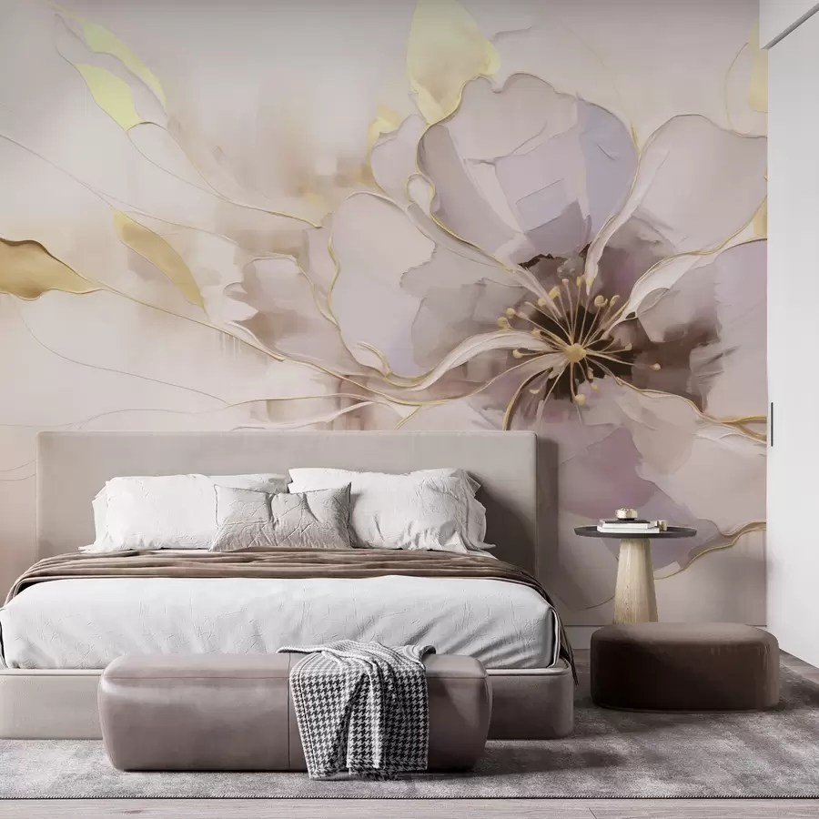 Fotobehang Blauwe bloem met gele accenten in een abstracte penseelstreekstijl w09505