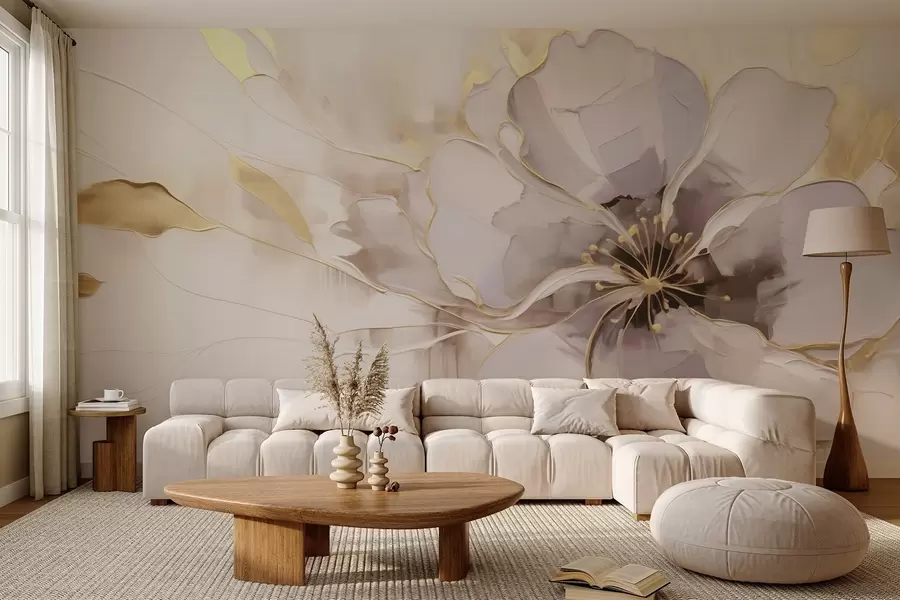 Fotobehang Blauwe bloem met gele accenten in een abstracte penseelstreekstijl w09505