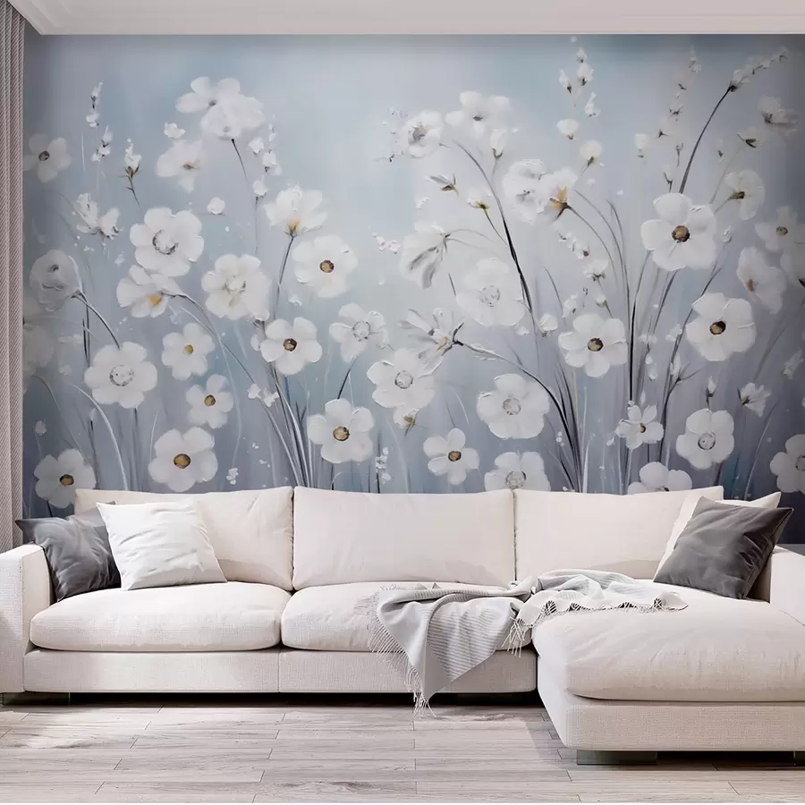 Fotobehang Witte bloemen tegen een blauwe lucht in olieverfstijl w09516