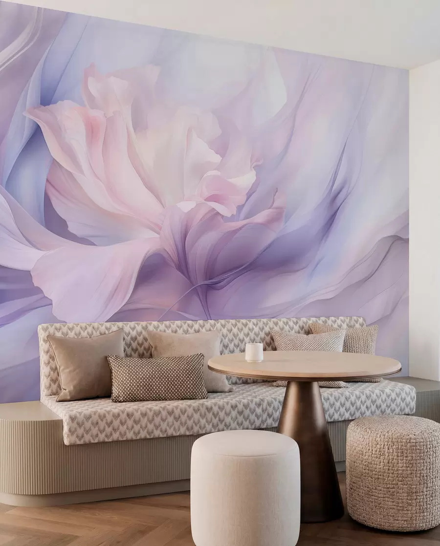 Fotobehang Zachte bloemblaadjesnevel: een luchtige bloem in een pastel-lila mist w09517