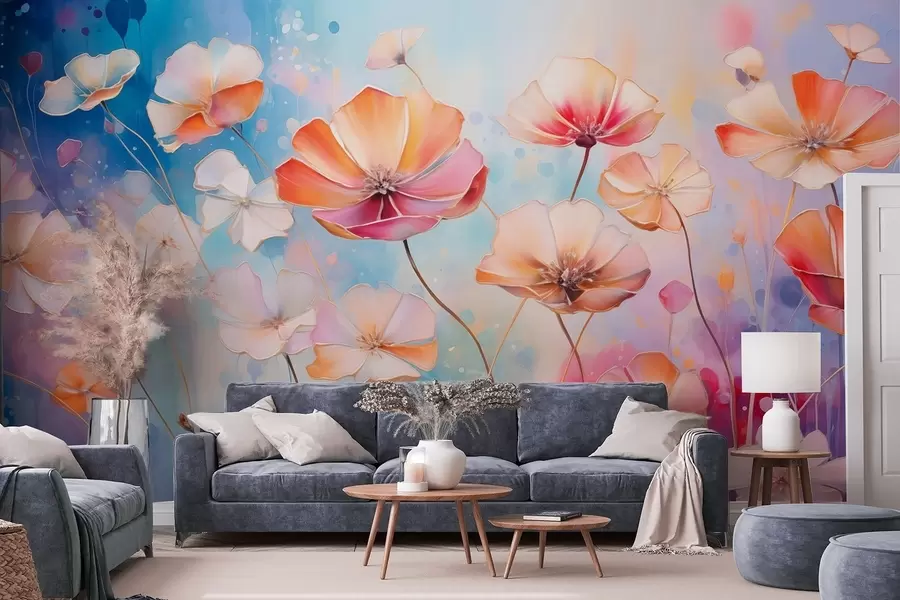 Fotobehang Heldere wilde bloemen in aquarelspatstijl w09521