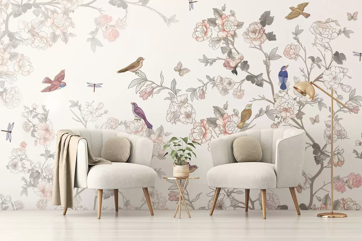 Fotobehang Vogels bij takken met bloemen w04939
