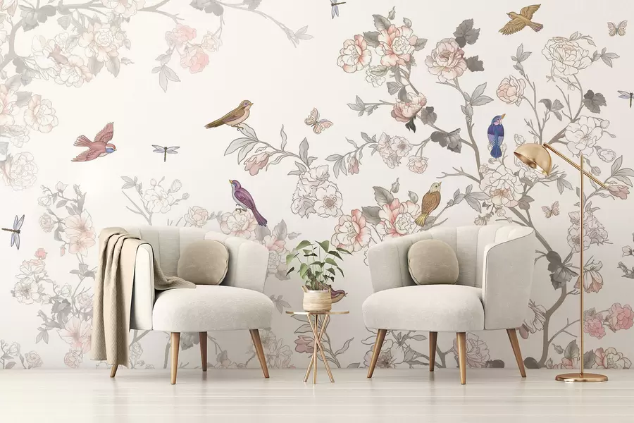 Fotobehang Vogels bij takken met bloemen w04939