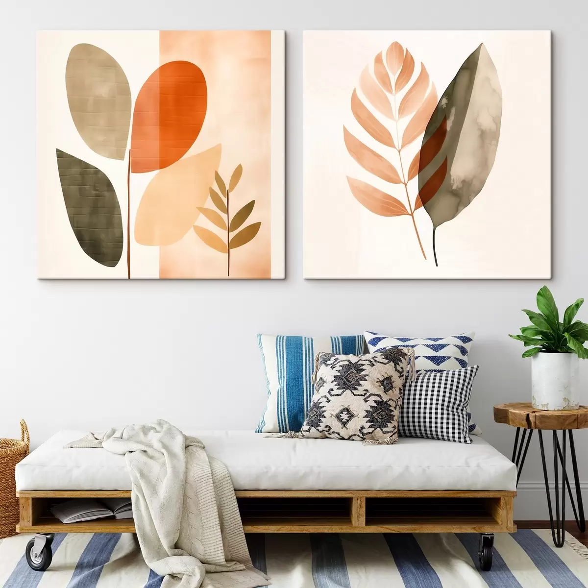  Schilderijen Tweeluik met botanische motieven in een pastelkleurig palet m00983