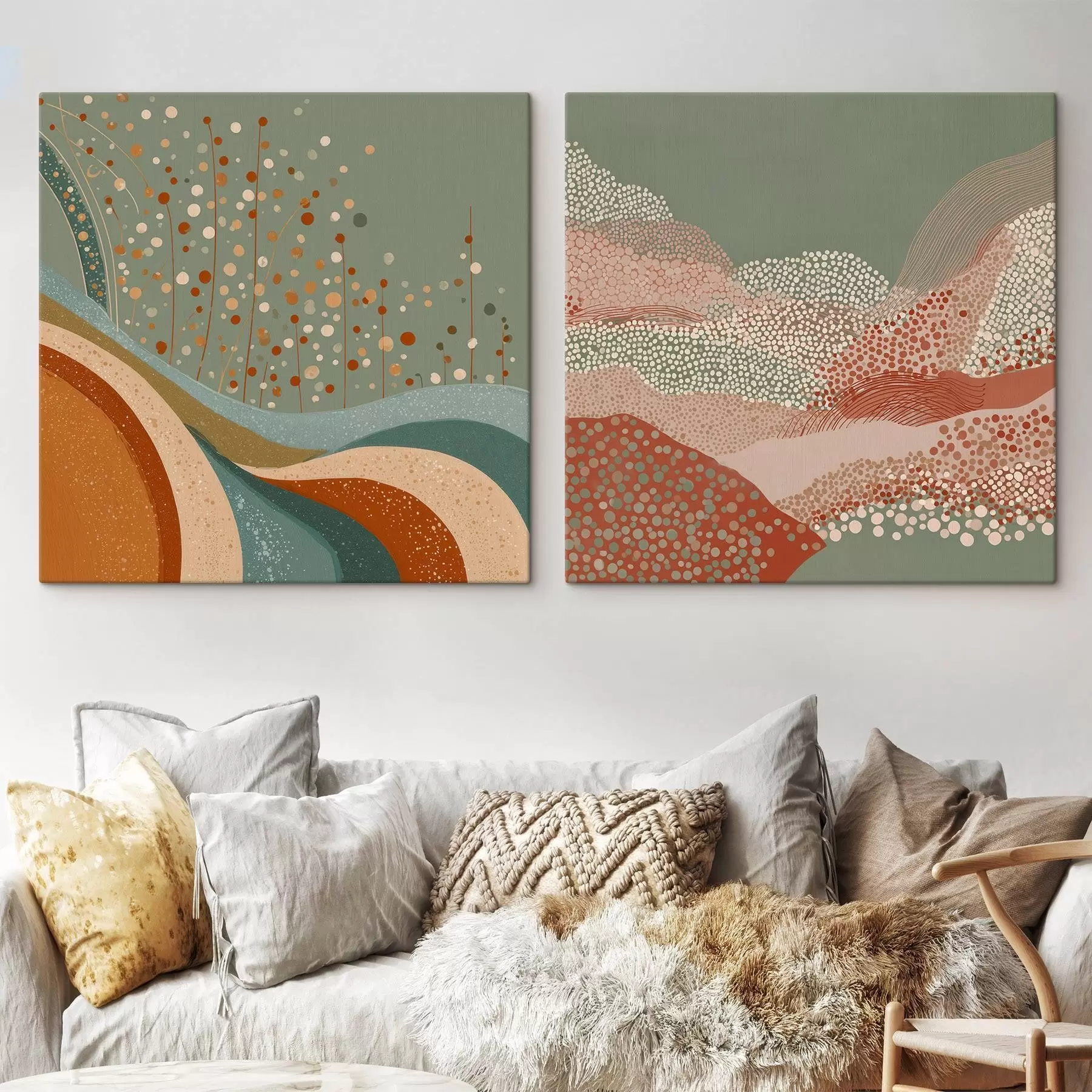  Schilderijen Tweedelig abstract landschap met gestippelde en golvende elementen m00987