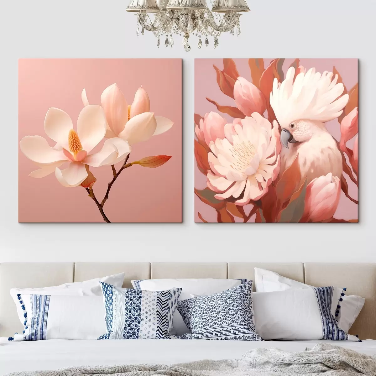  Schilderijen Bloemstuk met een vogel in een artistieke illustratiestijl m00994