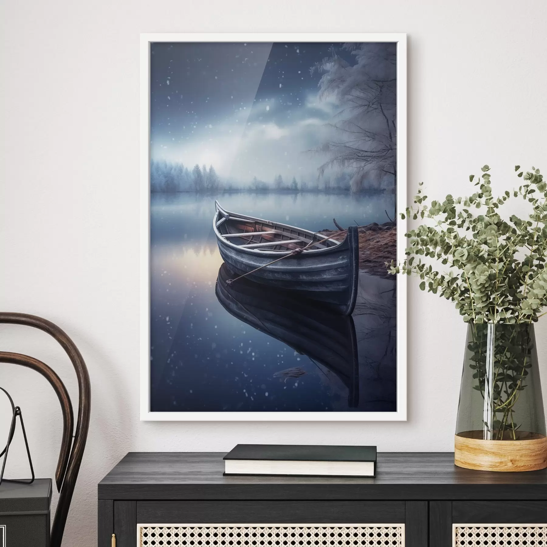 Fotobehang Lege boot bij een wintermeer f46773
