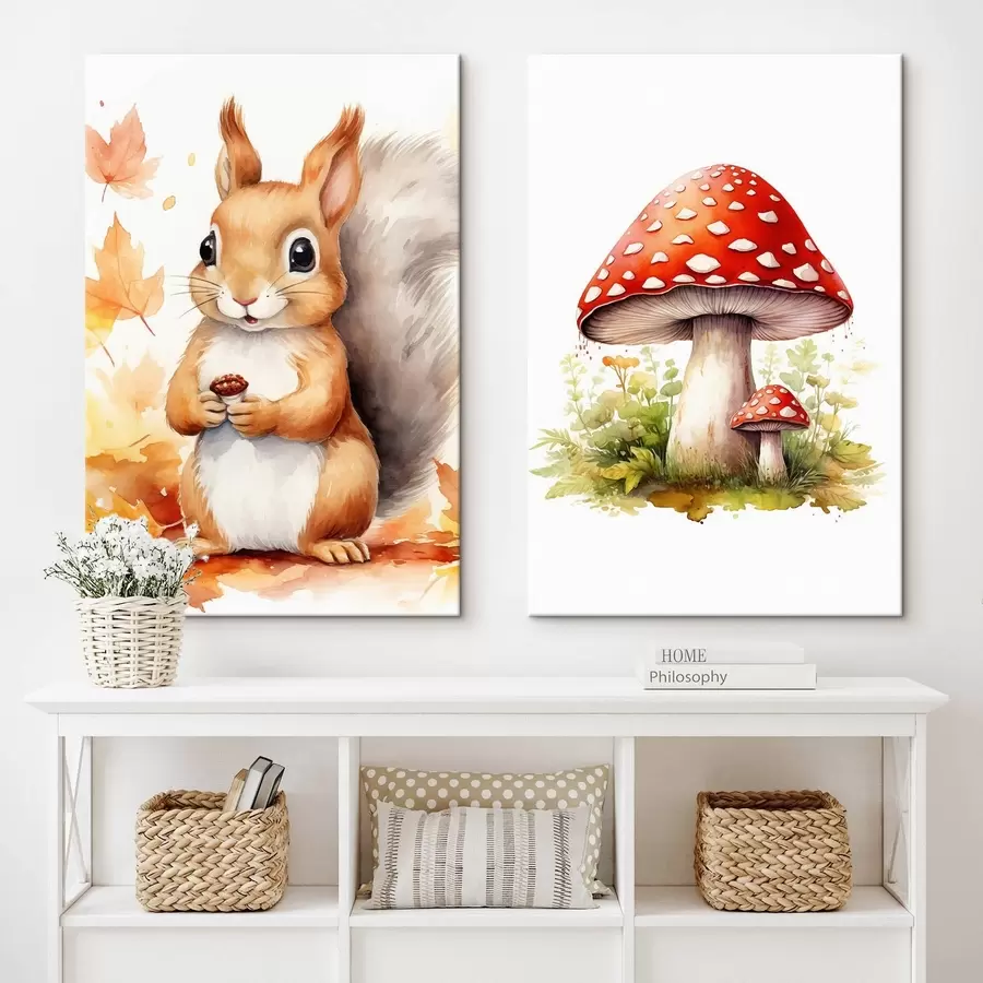  Schilderijen Eekhoorn en bospaddenstoel, vliegenzwam, imitatie-aquarel m01049